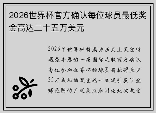 2026世界杯官方确认每位球员最低奖金高达二十五万美元